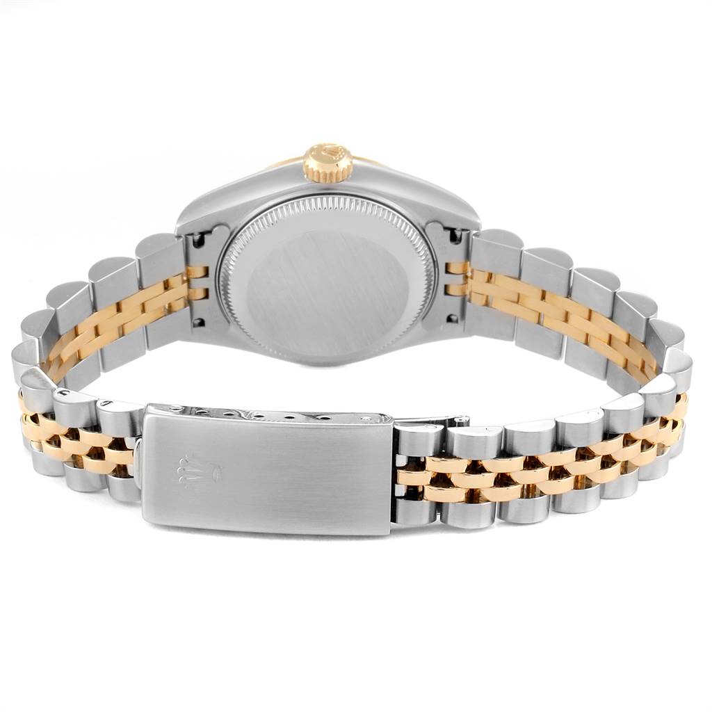 The image shows the back view of the Rolex Datejust 69173 Women's Stainless Steel Silver Dial 69173 Women's Stainless Steel Silver Dial watch, highlighting its caseback, crown, and two-tone jubilee bracelet.