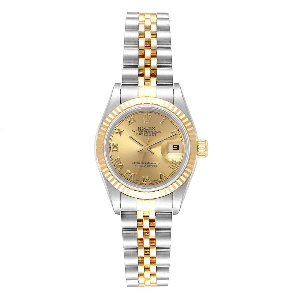 The image shows a front view of a Rolex Datejust 69173 Women's Stainless Steel Champagne Dial 69173 Women's Stainless Steel Champagne Dial watch featuring a two-tone bracelet and a gold dial with Roman numerals.