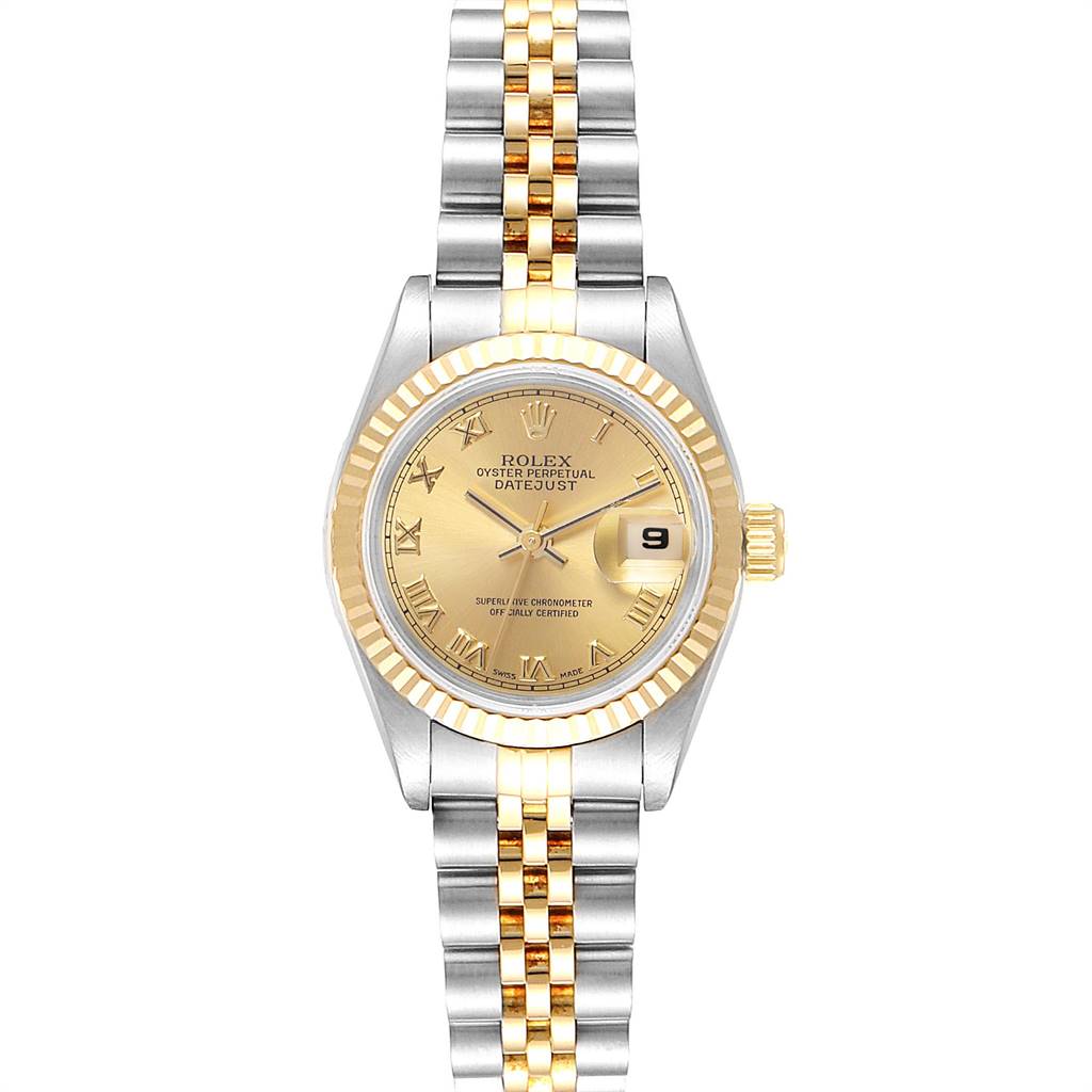 The image shows a Rolex Datejust 69173 Women's Stainless Steel Champagne Dial 69173 Women's Stainless Steel Champagne Dial watch from a direct, front-facing angle, featuring the dial, bezel, and bracelet.
