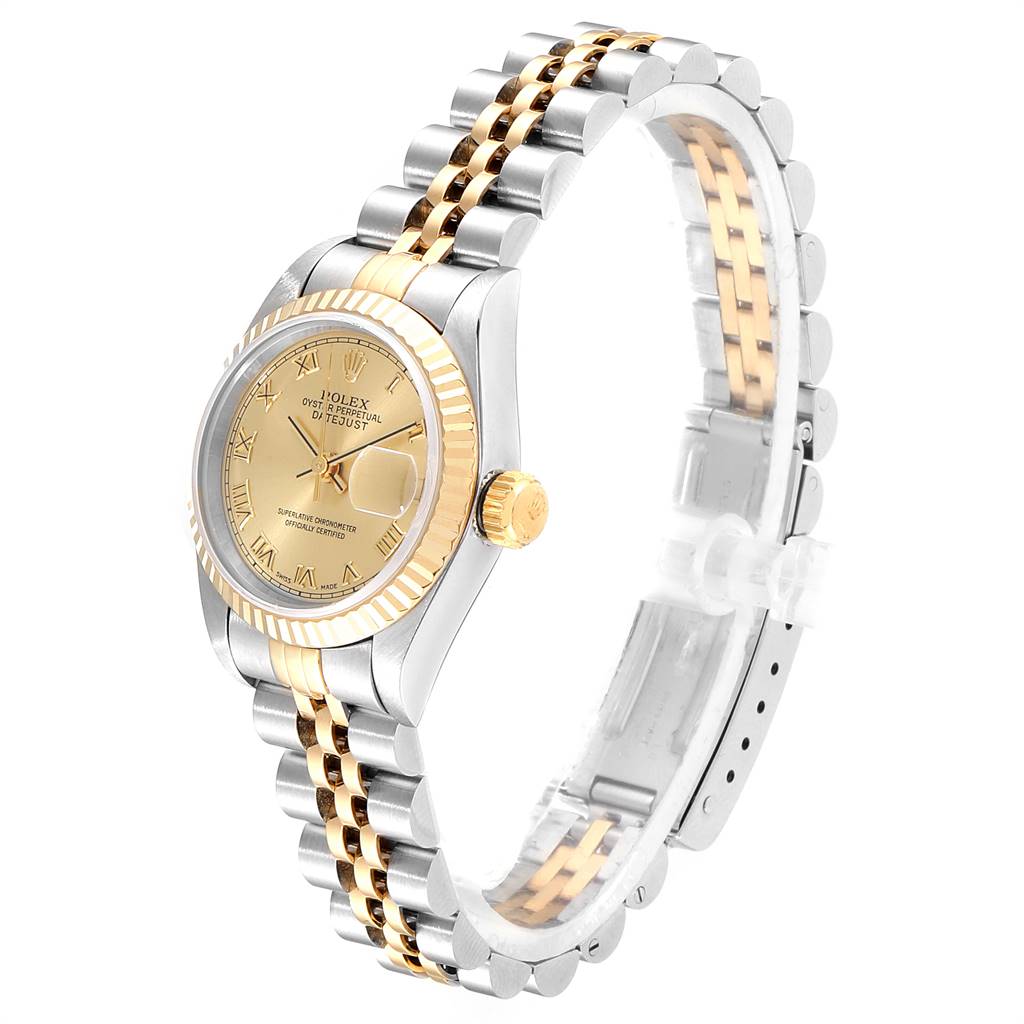 This Rolex Datejust 69173 Women's Stainless Steel Champagne Dial 69173 Women's Stainless Steel Champagne Dial watch is shown from an angle highlighting the face, crown, bezel, and bracelet.