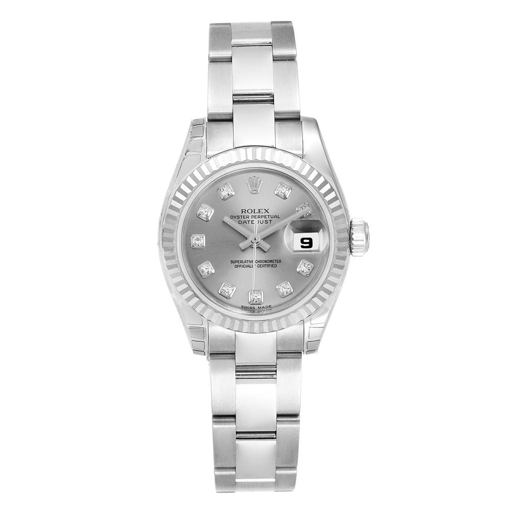 This image shows a front view of the Rolex Datejust 179174 Women
s Stainless Steel Silver Dial 179174 Women
s Stainless Steel Silver Dial watch, highlighting the dial, bracelet, and date window.