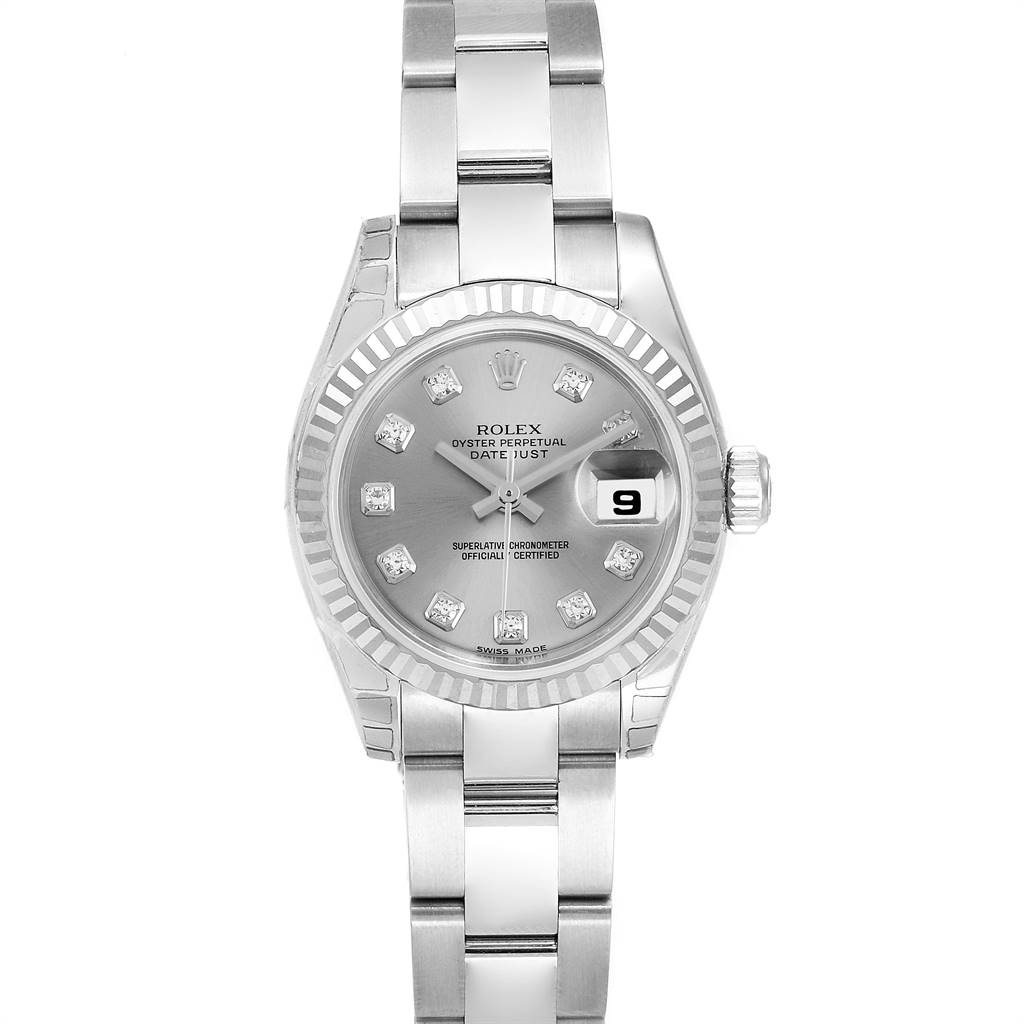 This image shows a front view of the Rolex Datejust 179174 Women
s Stainless Steel Silver Dial 179174 Women
s Stainless Steel Silver Dial, highlighting its dial, bracelet, and crown.