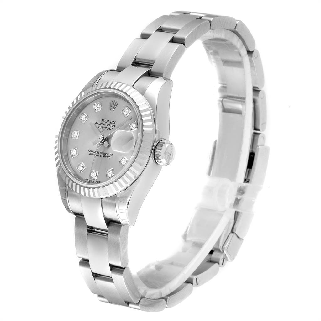 The image shows a side and front angle of a Rolex Datejust 179174 Women
s Stainless Steel Silver Dial 179174 Women
s Stainless Steel Silver Dial watch, highlighting its bracelet, crown, and dial.