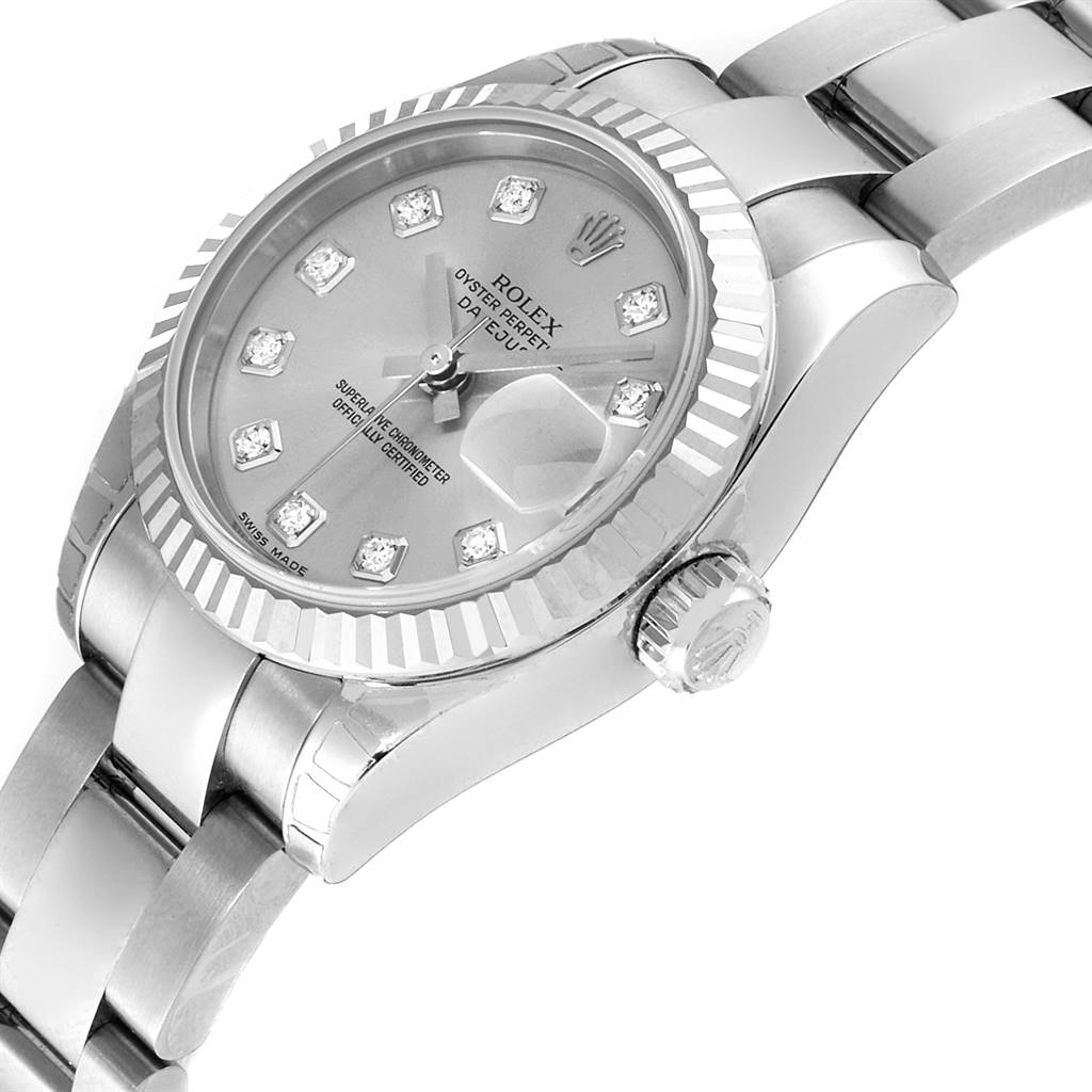 The image shows a Rolex Datejust 179174 Women
s Stainless Steel Silver Dial 179174 Women
s Stainless Steel Silver Dial watch at an angled side view highlighting its bezel, dial, crown, and part of the bracelet.