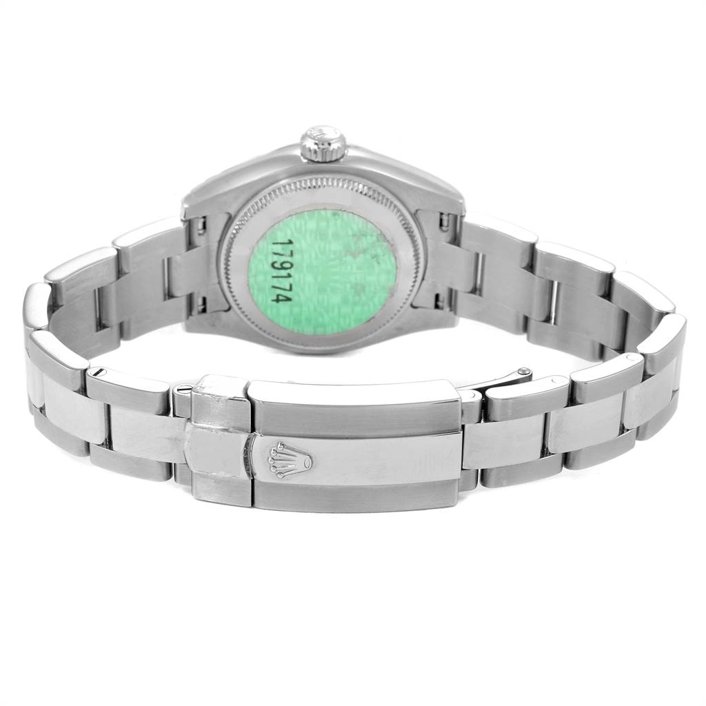 The image shows the back and bracelet clasp of a Rolex Datejust 179174 Women
s Stainless Steel Silver Dial 179174 Women
s Stainless Steel Silver Dial watch.