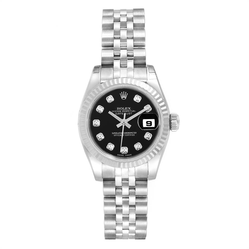This image shows a front view of a Rolex Datejust 179174 Women
s Stainless Steel Black Dial 179174 Women
s Stainless Steel Black Dial watch with a black dial and silver bracelet.