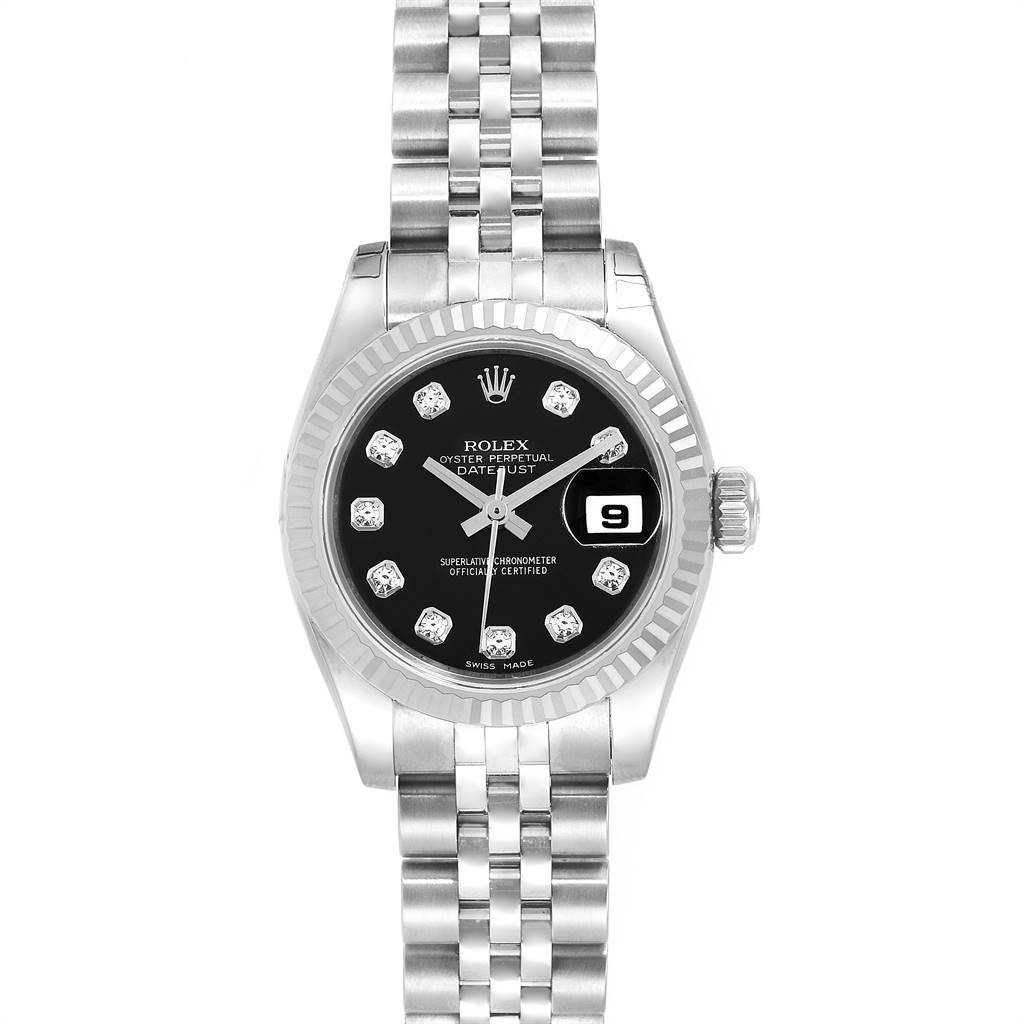 The image shows a front view of a Rolex Datejust 179174 Women
s Stainless Steel Black Dial 179174 Women
s Stainless Steel Black Dial watch, featuring a black dial with diamond markers and a stainless steel bracelet.