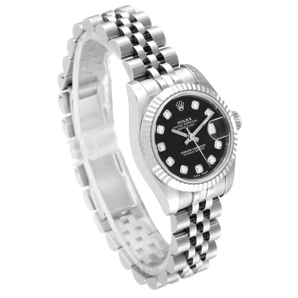 This image shows a Rolex Datejust 179174 Women
s Stainless Steel Black Dial 179174 Women
s Stainless Steel Black Dial watch from a side angle, highlighting the bracelet, bezel, dial, and markers.