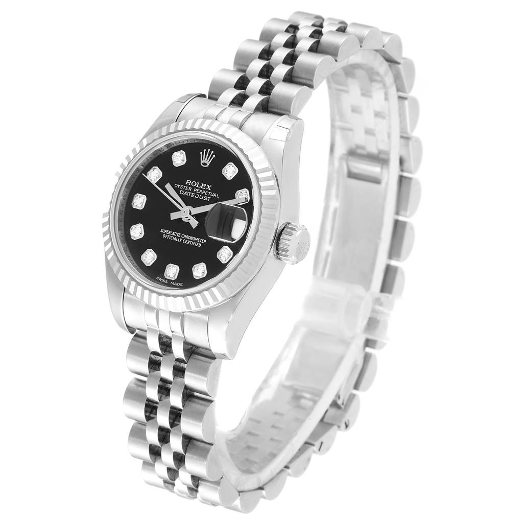 This image shows a side angle of the Rolex Datejust 179174 Women
s Stainless Steel Black Dial 179174 Women
s Stainless Steel Black Dial watch, highlighting the face, bezel, and bracelet.