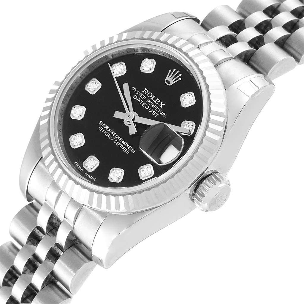 This image shows a close-up view of the Rolex Datejust 179174 Women
s Stainless Steel Black Dial 179174 Women
s Stainless Steel Black Dial watch, focusing on the face, bezel, and part of the bracelet.