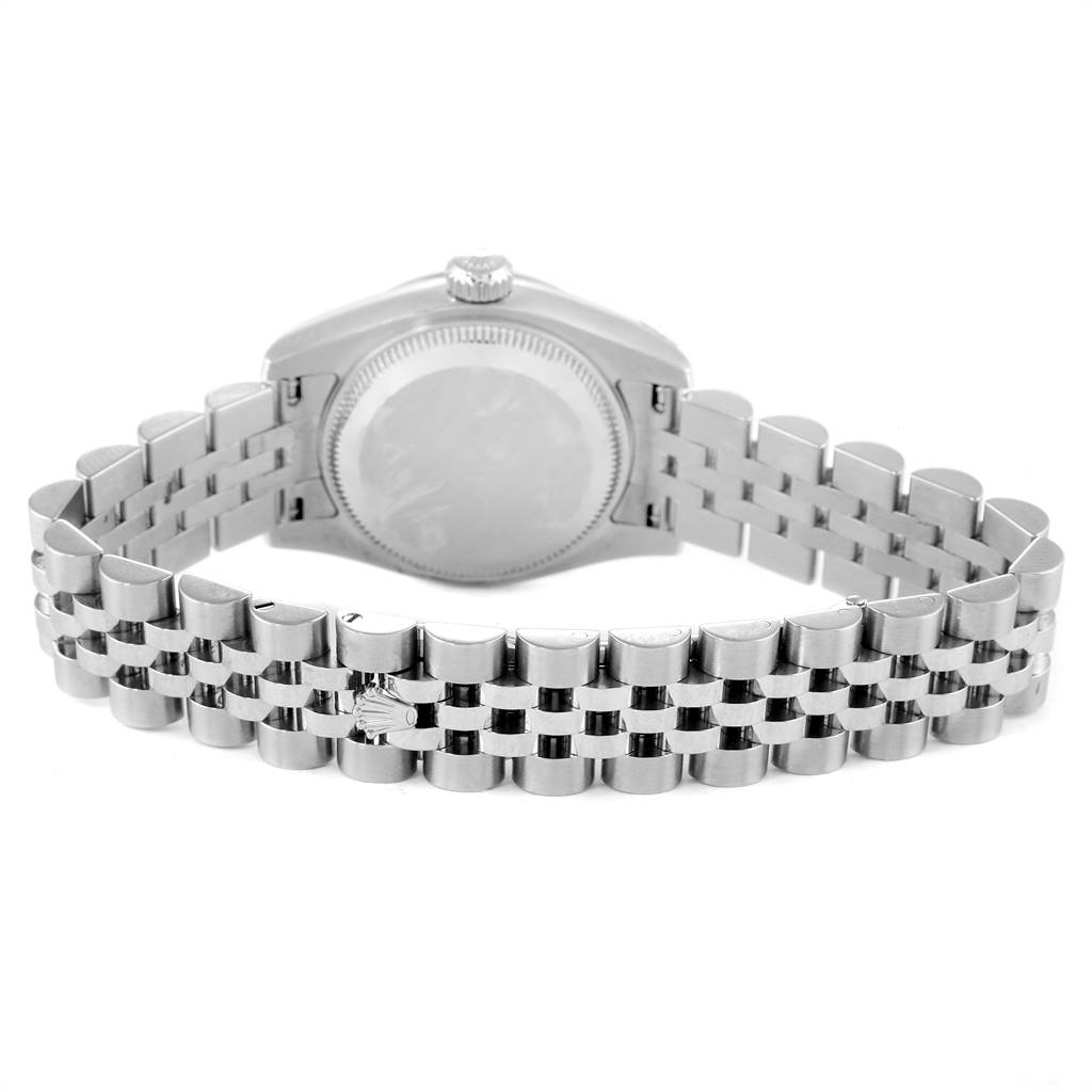 The image shows the back and bracelet of a Rolex Datejust 179174 Women
s Stainless Steel Black Dial 179174 Women
s Stainless Steel Black Dial watch in a straightened position.