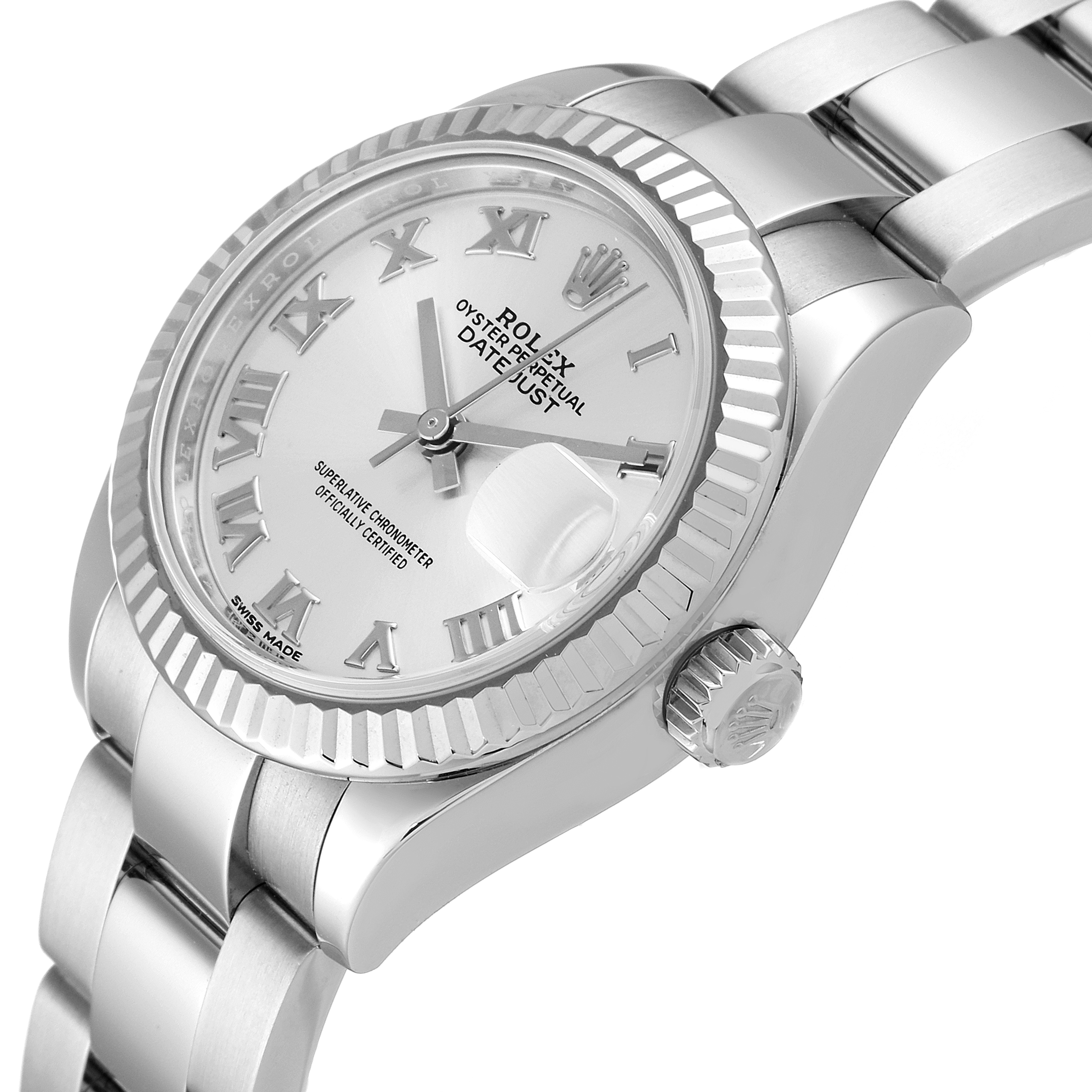 The image shows a close-up angle of a Rolex Datejust 279174 Women's Stainless Steel Grey Dial 279174 Women's Stainless Steel Grey Dial watch, highlighting the dial, bezel, crown, and part of the bracelet.