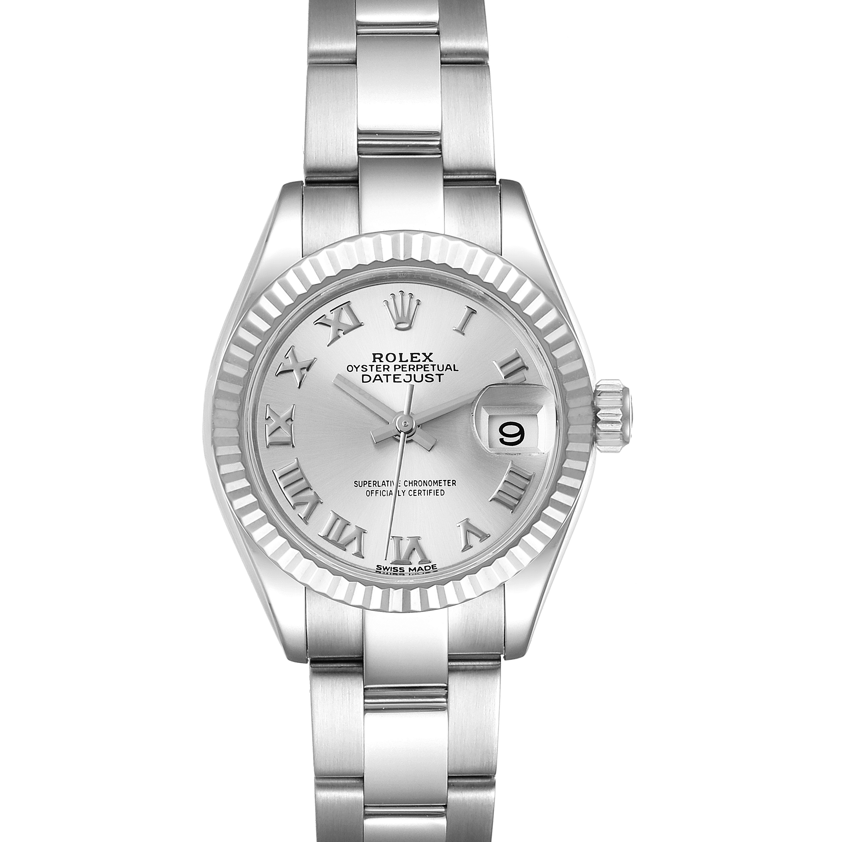 The image shows a front view of the Rolex Datejust 279174 Women's Stainless Steel Grey Dial 279174 Women's Stainless Steel Grey Dial watch, highlighting the dial, bracelet, and date window.