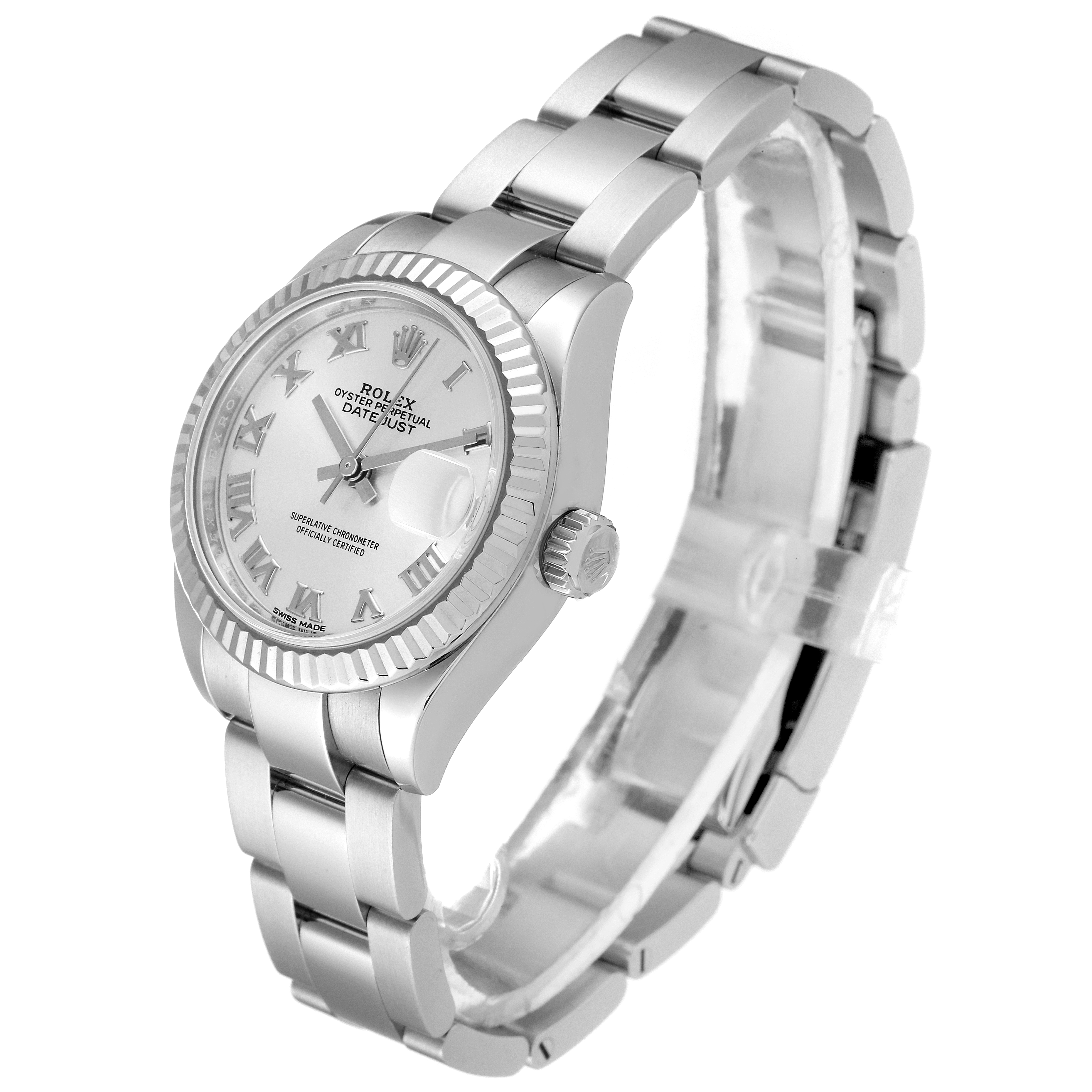 This image shows a Rolex Datejust 279174 Women's Stainless Steel Grey Dial 279174 Women's Stainless Steel Grey Dial watch at a three-quarter angle, displaying its face, bezel, crown, and bracelet.