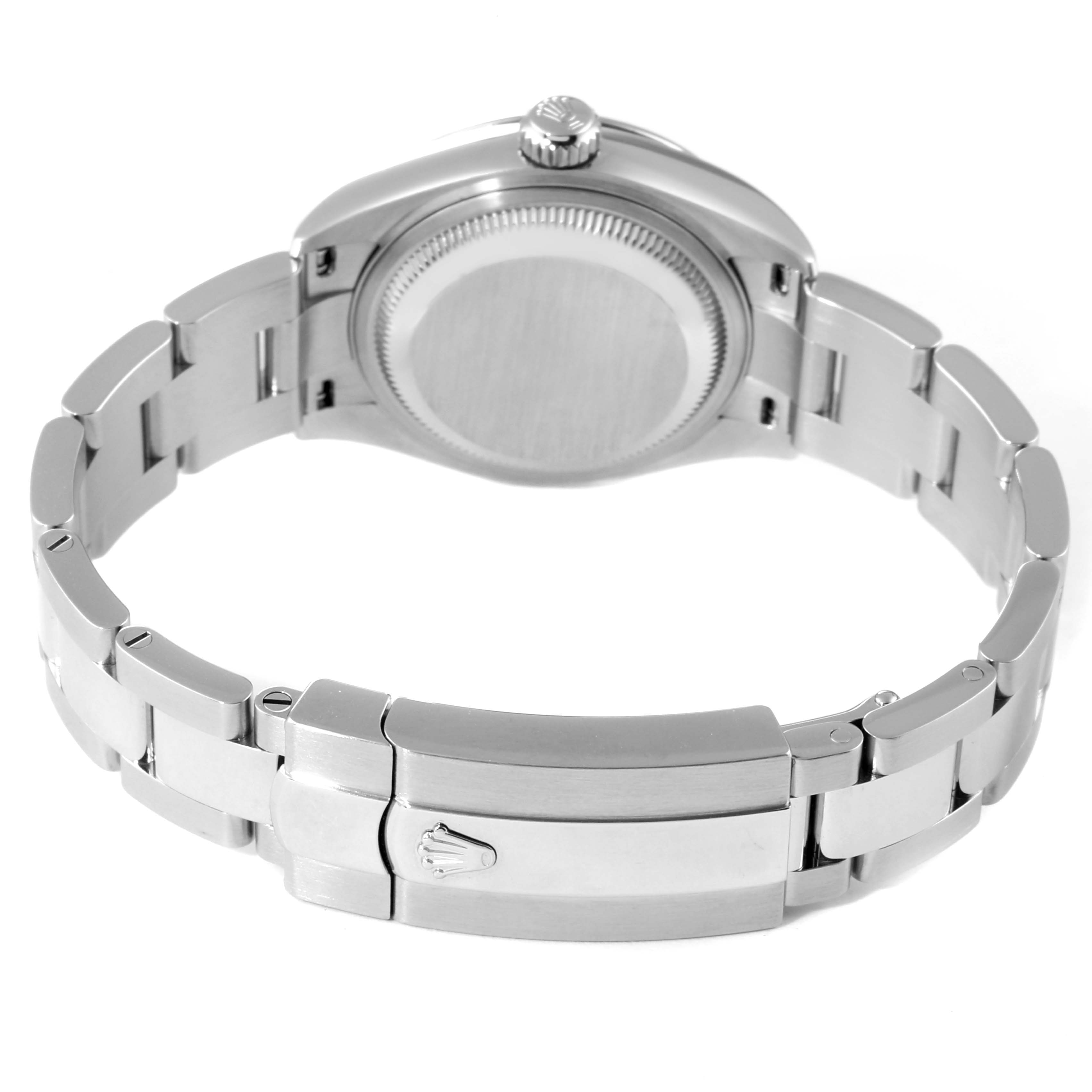 The image shows the back view of a Rolex Datejust 279174 Women's Stainless Steel Grey Dial 279174 Women's Stainless Steel Grey Dial watch, focusing on the closed clasp and bracelet links.