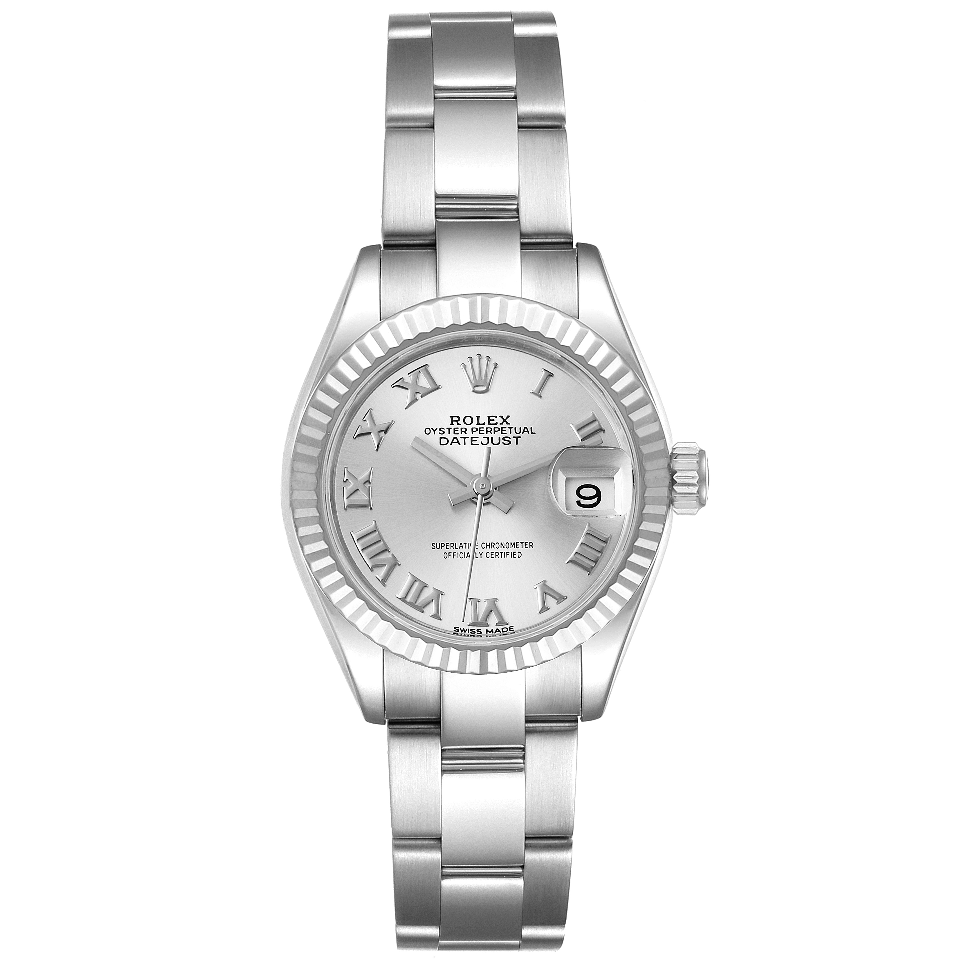 The image shows a frontal view of the Rolex Datejust 279174 Women's Stainless Steel Grey Dial 279174 Women's Stainless Steel Grey Dial watch, highlighting the face, bracelet, and date window.