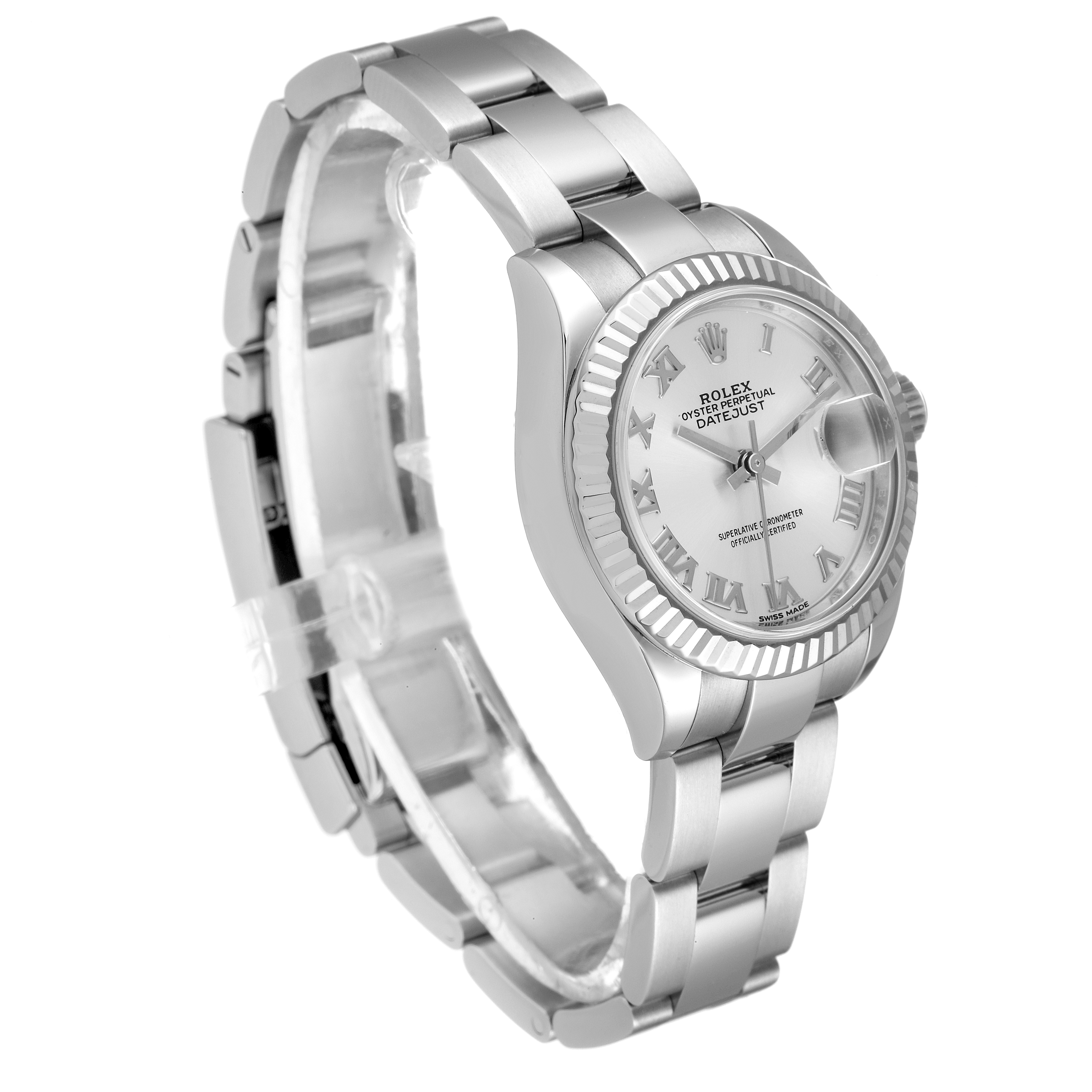 The image shows a Rolex Datejust 279174 Women's Stainless Steel Grey Dial 279174 Women's Stainless Steel Grey Dial watch at a three-quarter angle highlighting the dial, bezel, and part of the bracelet.