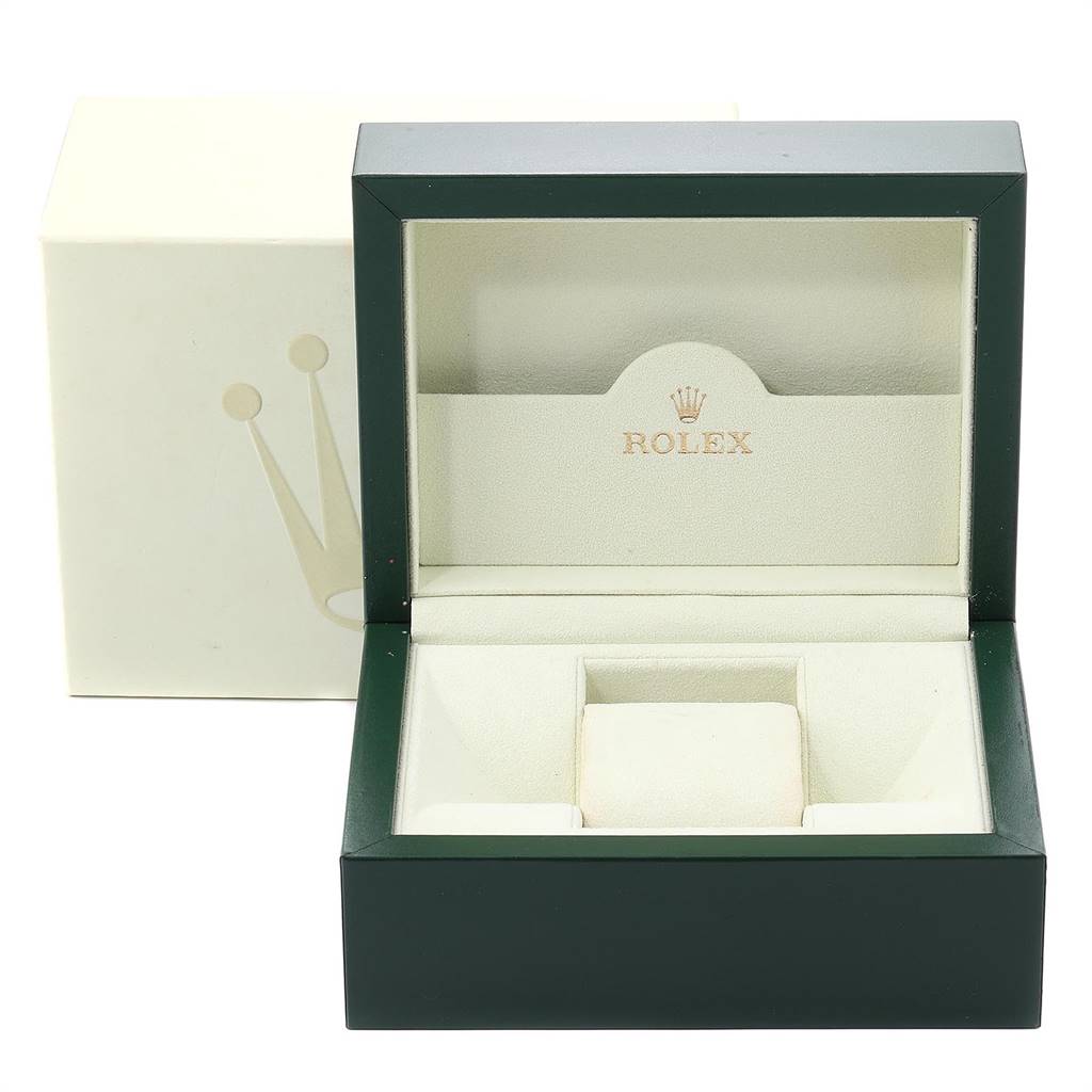 This shows an open green Rolex Datejust 279174 Women's Stainless Steel Grey Dial 279174 Women's Stainless Steel Grey Dial watch box with the interior cushioning and exterior packaging visible.
