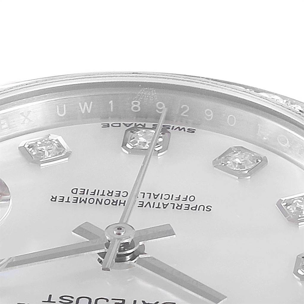 The image shows a close-up of the dial and diamond hour markers on a Rolex Datejust 279384 Women
s Stainless Steel Mother of Pearl Dial 279384 Women
s Stainless Steel Mother of Pearl Dial watch.