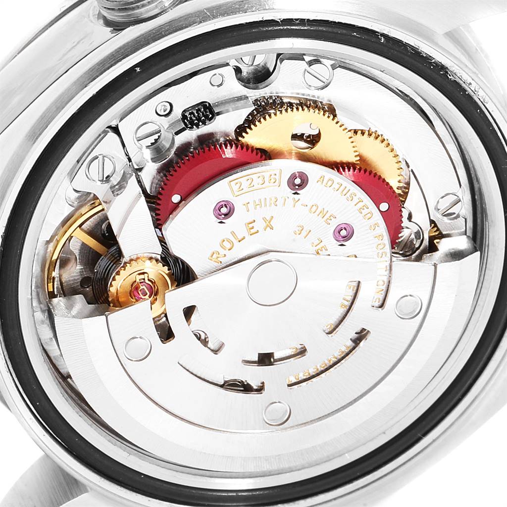 The image shows the intricate inner movement and components of the Rolex Datejust 279384 Women
s Stainless Steel Mother of Pearl Dial 279384 Women
s Stainless Steel Mother of Pearl Dial watch from a rear angle.