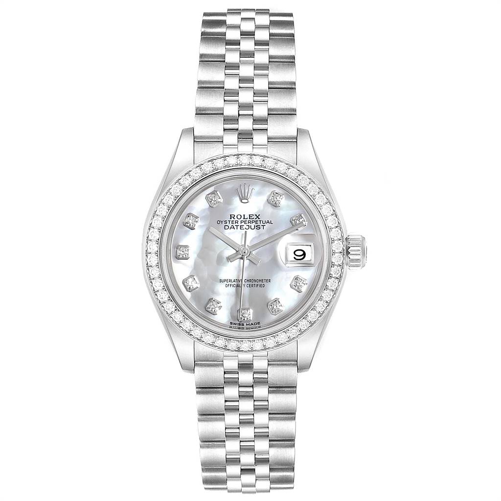 This image shows a front view of a Rolex Datejust 279384 Women
s Stainless Steel Mother of Pearl Dial 279384 Women
s Stainless Steel Mother of Pearl Dial watch featuring a silver bracelet, a diamond bezel, and a date window at 3 o
clock.