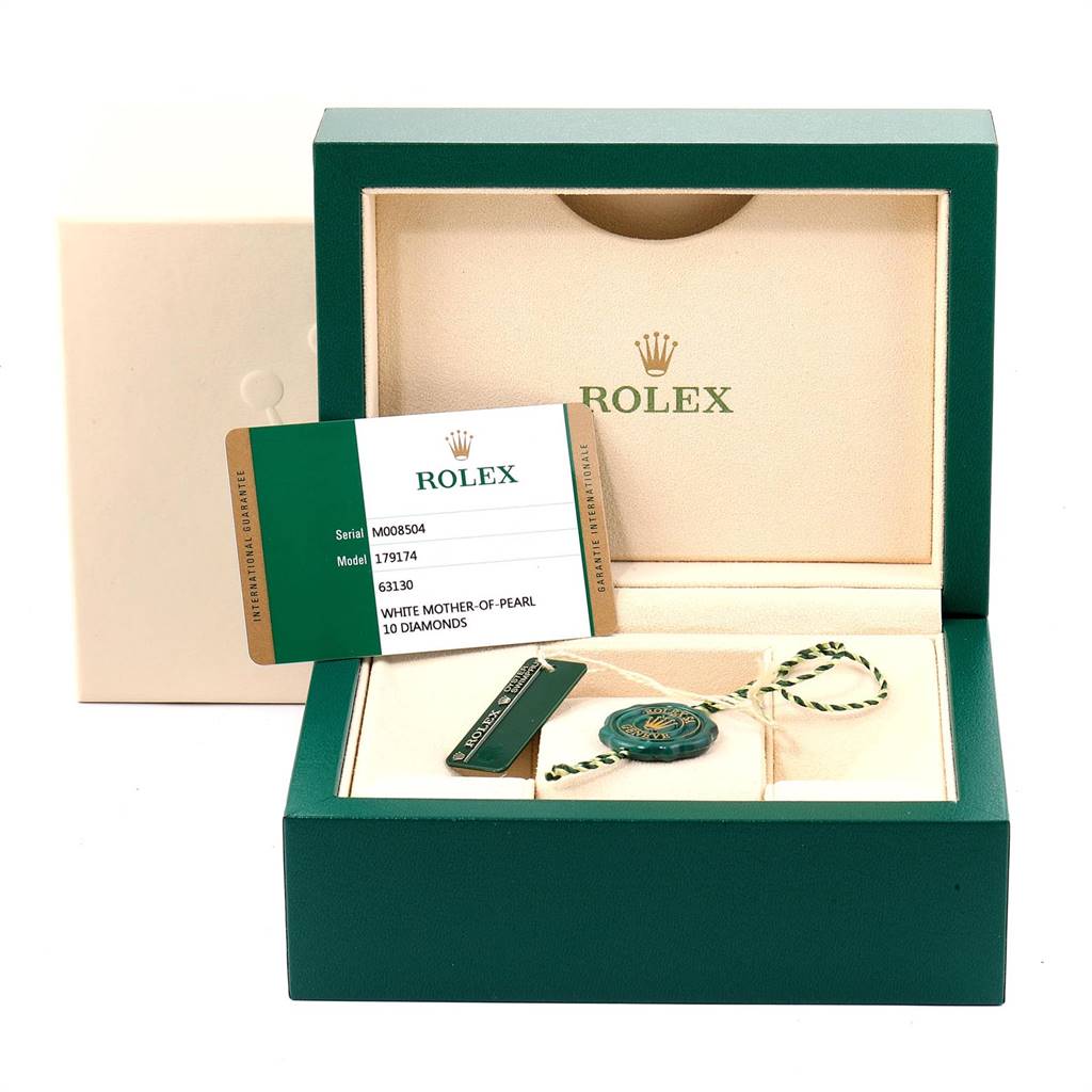 The image shows a Rolex Datejust 179174 Women
s Stainless Steel Mother of Pearl Dial 179174 Women
s Stainless Steel Mother of Pearl Dial box with Best Quality
ation card, hang tags, and an empty watch slot.
