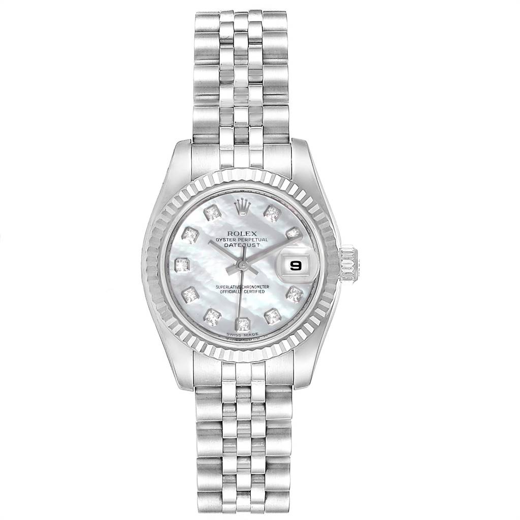The image shows a front view of the Rolex Datejust 179174 Women
s Stainless Steel Mother of Pearl Dial 179174 Women
s Stainless Steel Mother of Pearl Dial watch, displaying the face, bezel, and bracelet.