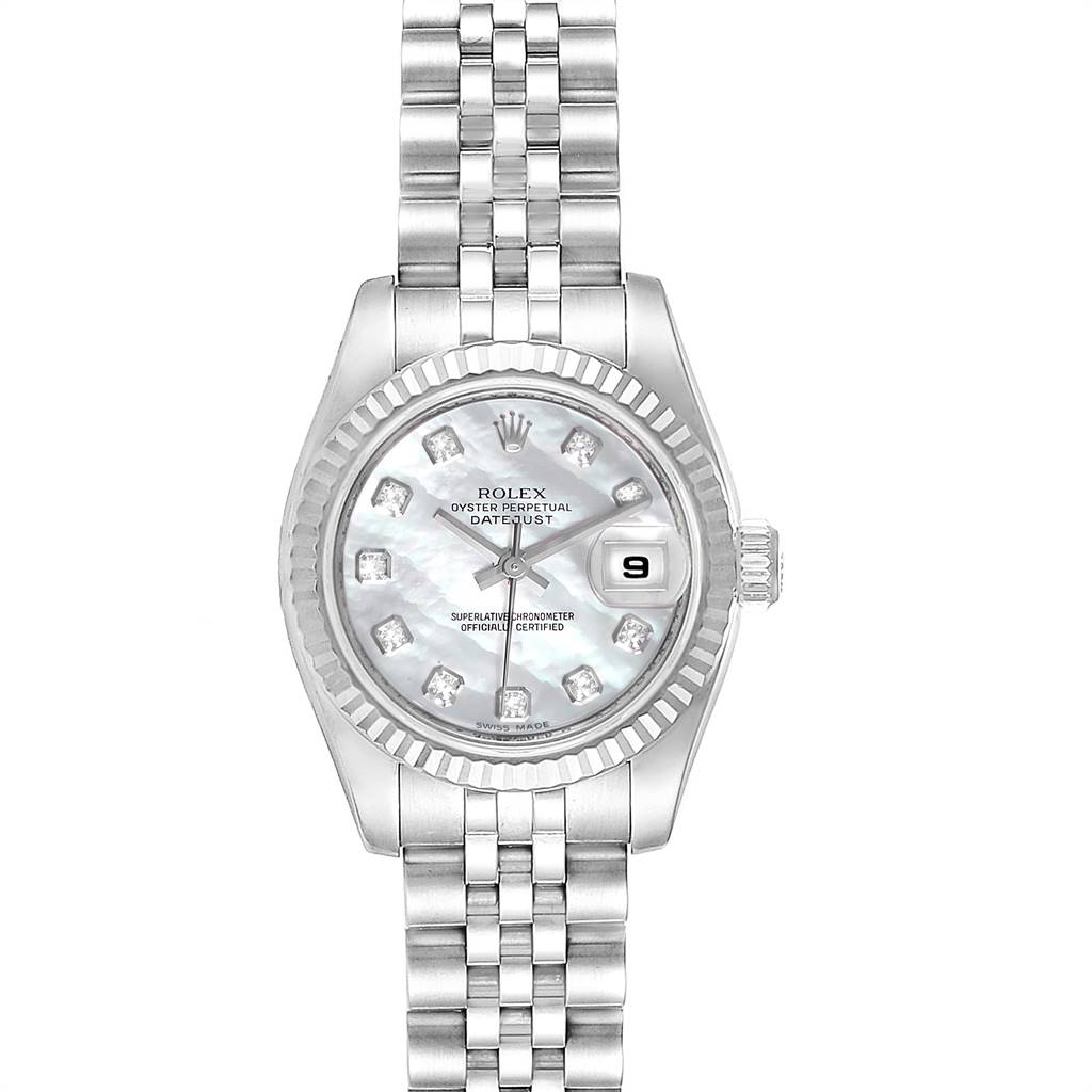 This Rolex Datejust 179174 Women
s Stainless Steel Mother of Pearl Dial 179174 Women
s Stainless Steel Mother of Pearl Dial model watch is shown from a straight-on angle, displaying the face, bezel, and bracelet.