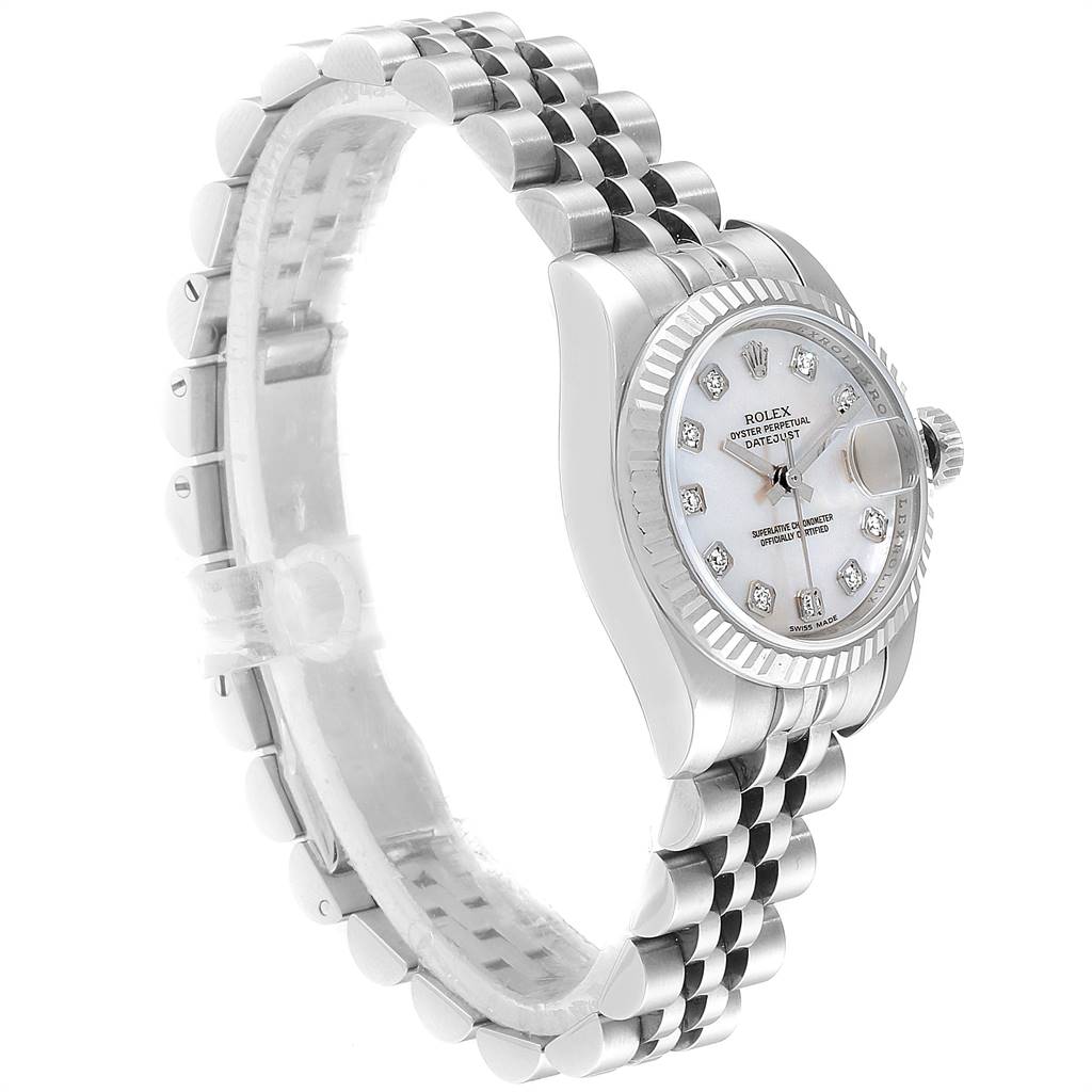 The image shows a side angle of a Rolex Datejust 179174 Women
s Stainless Steel Mother of Pearl Dial 179174 Women
s Stainless Steel Mother of Pearl Dial watch, highlighting the bracelet, case, crown, and diamond hour markers on the dial.