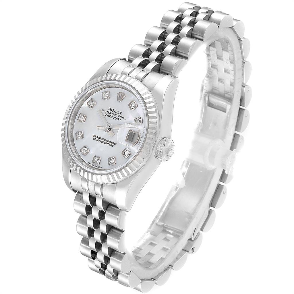 This image shows a Rolex Datejust 179174 Women
s Stainless Steel Mother of Pearl Dial 179174 Women
s Stainless Steel Mother of Pearl Dial watch angled to display the face, bezel, crown, and part of the bracelet.