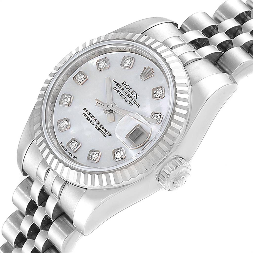 The image shows a close-up angle of a Rolex Datejust 179174 Women
s Stainless Steel Mother of Pearl Dial 179174 Women
s Stainless Steel Mother of Pearl Dial watch, highlighting the dial, bezel, and part of the bracelet.