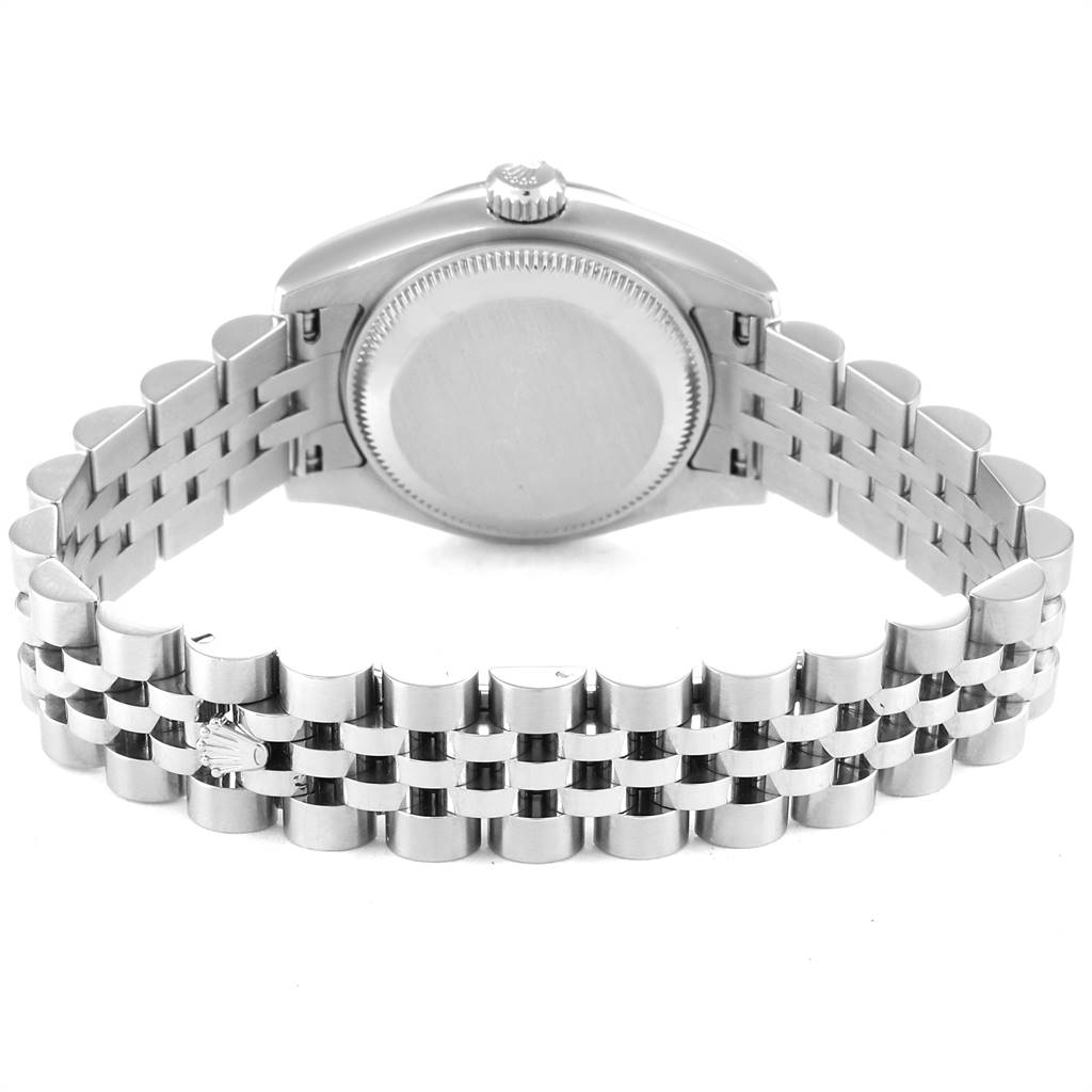 This image shows the back view of a Rolex Datejust 179174 Women
s Stainless Steel Mother of Pearl Dial 179174 Women
s Stainless Steel Mother of Pearl Dial watch, focusing on its case back and Jubilee bracelet.