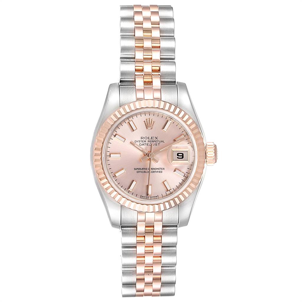 The Rolex Datejust 179171 Women's Steel and Gold (two tone) Pink Dial 179171 Women's Steel and Gold (two tone) Pink Dial model watch is shown from a top-down angle, displaying the face, bezel, and full jubilee bracelet.