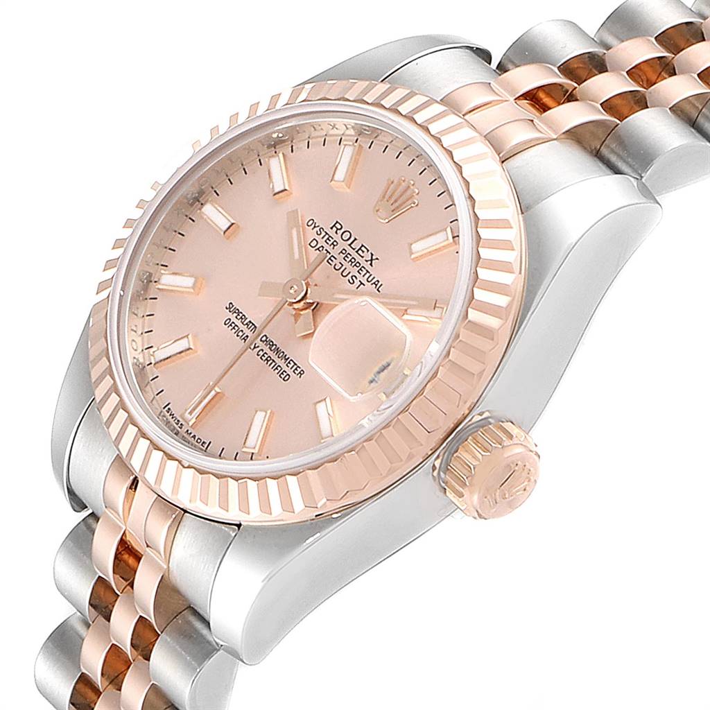 This image shows a close-up angle of a Rolex Datejust 179171 Women's Steel and Gold (two tone) Pink Dial 179171 Women's Steel and Gold (two tone) Pink Dial, highlighting the dial, bezel, crown, and part of the bracelet.