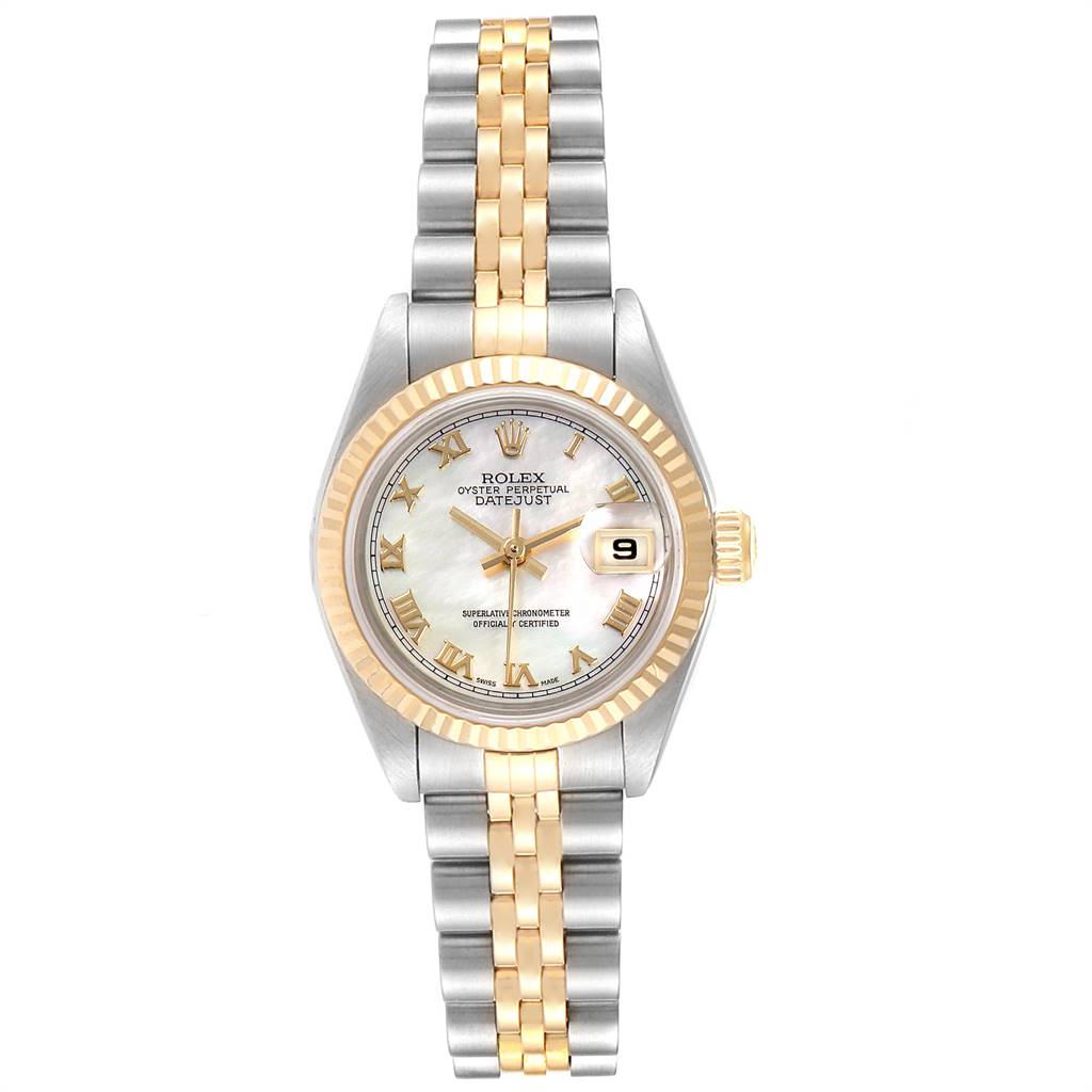 The Rolex Datejust 79173 Women's Steel and Gold (two tone) Mother of Pearl Dial 79173 Women's Steel and Gold (two tone) Mother of Pearl Dial watch is shown from a front angle, showcasing its face, dial, bezel, and two-tone bracelet.