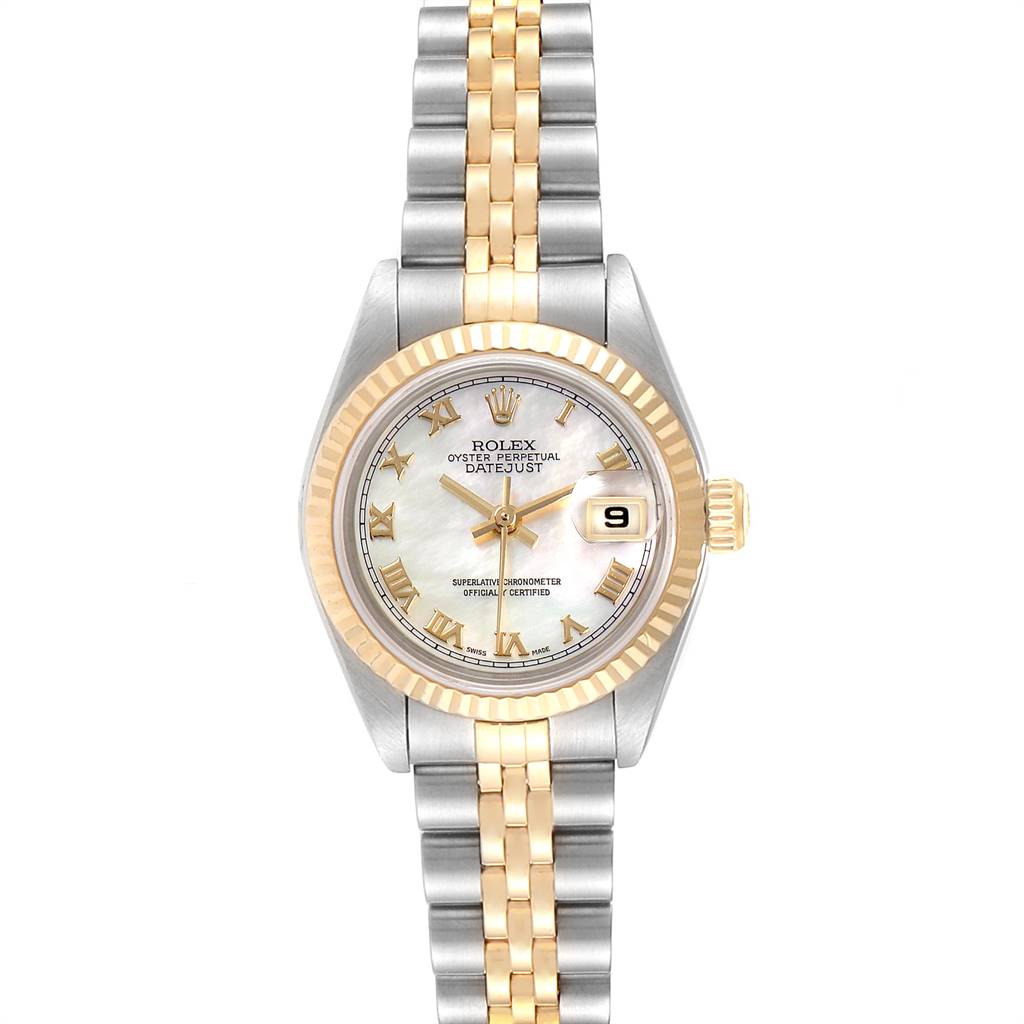 The image shows a front view of a Rolex Datejust 79173 Women's Steel and Gold (two tone) Mother of Pearl Dial 79173 Women's Steel and Gold (two tone) Mother of Pearl Dial watch, highlighting its dial, case, and two-tone bracelet.
