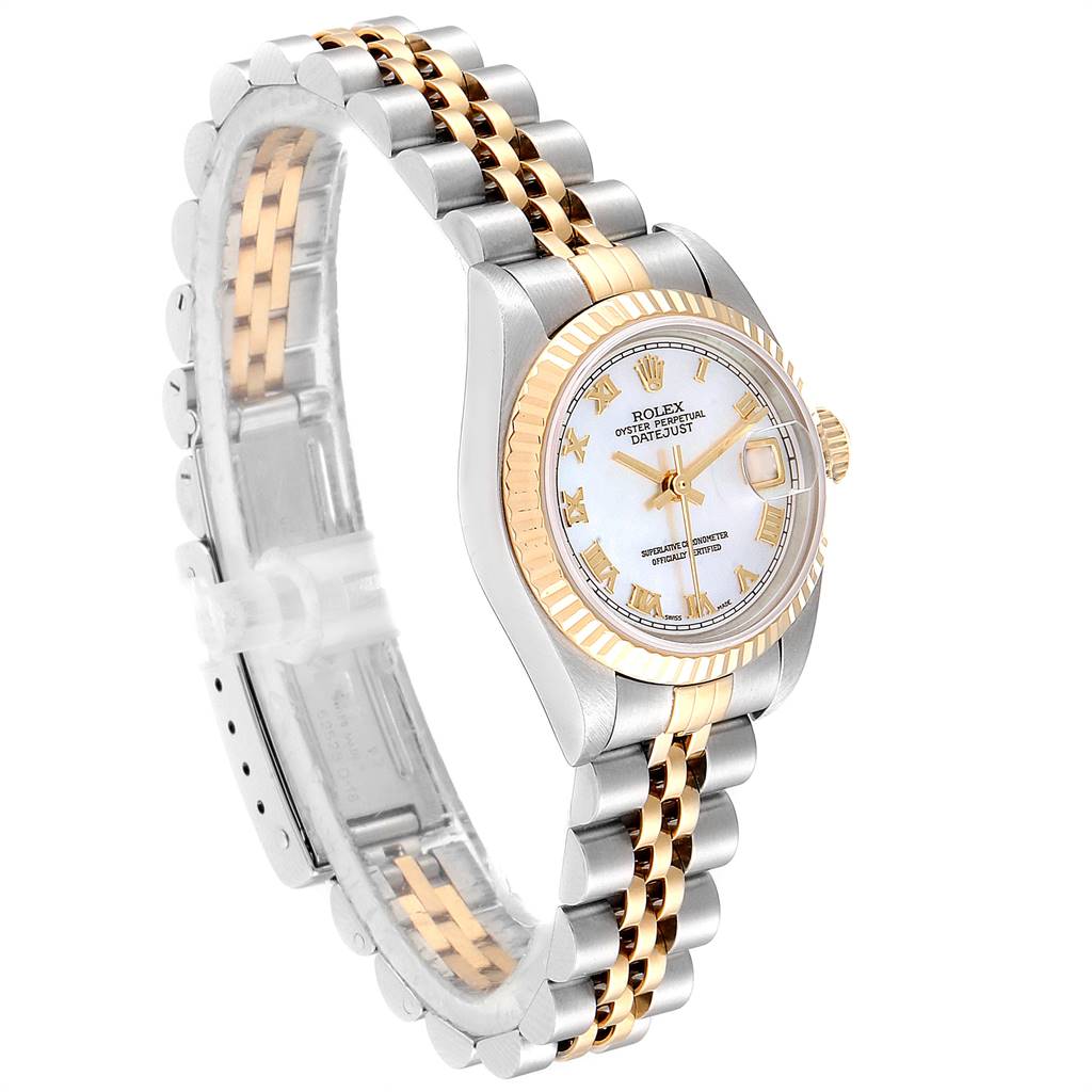 The Rolex Datejust 79173 Women's Steel and Gold (two tone) Mother of Pearl Dial 79173 Women's Steel and Gold (two tone) Mother of Pearl Dial watch is shown at a three-quarter angle, featuring a silver and gold jubilee bracelet, fluted bezel, and white dial.
