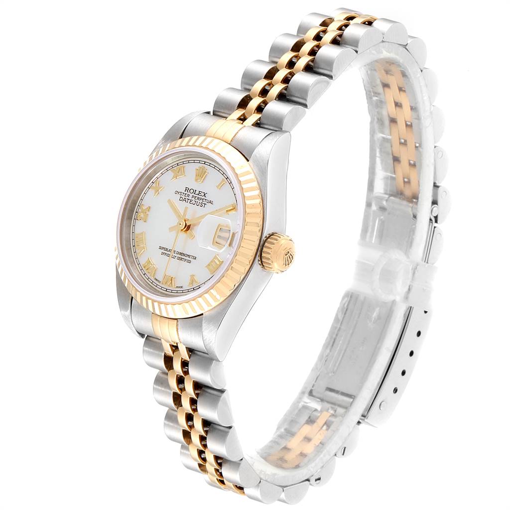 This image shows a side angle of a Rolex Datejust 79173 Women's Steel and Gold (two tone) Mother of Pearl Dial 79173 Women's Steel and Gold (two tone) Mother of Pearl Dial watch, highlighting its face and two-tone bracelet.