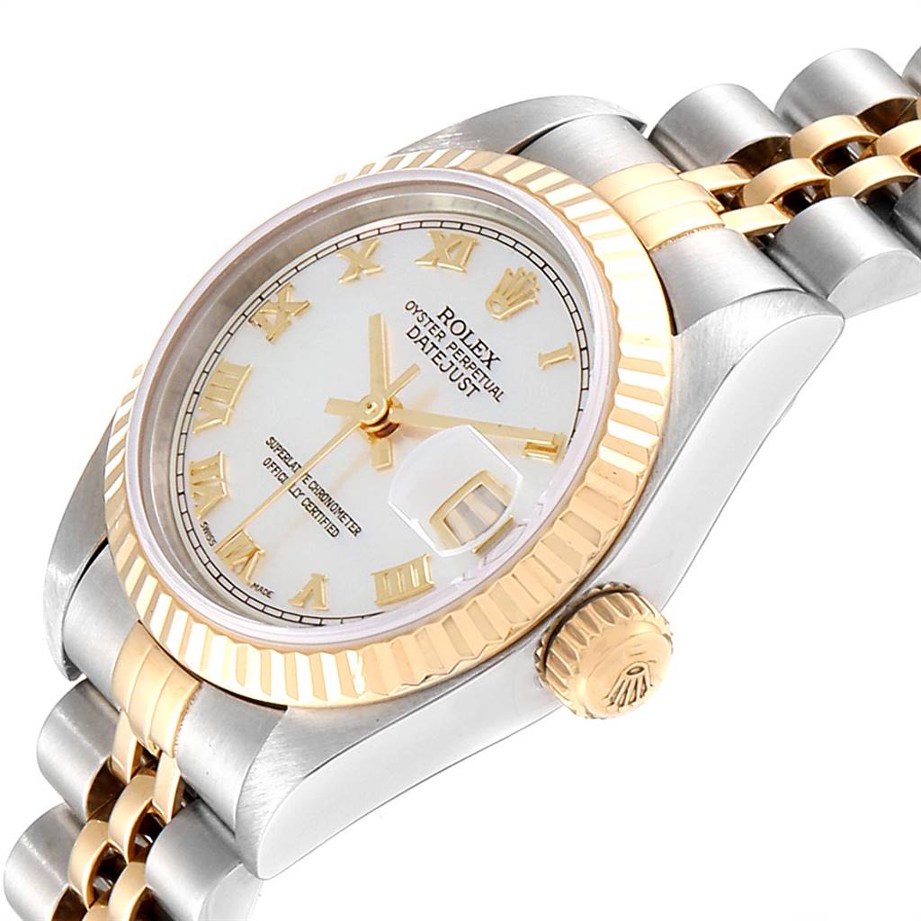 The image shows an angled view of a Rolex Datejust 79173 Women's Steel and Gold (two tone) Mother of Pearl Dial 79173 Women's Steel and Gold (two tone) Mother of Pearl Dial watch, highlighting the dial, bezel, crown, and part of the bracelet.