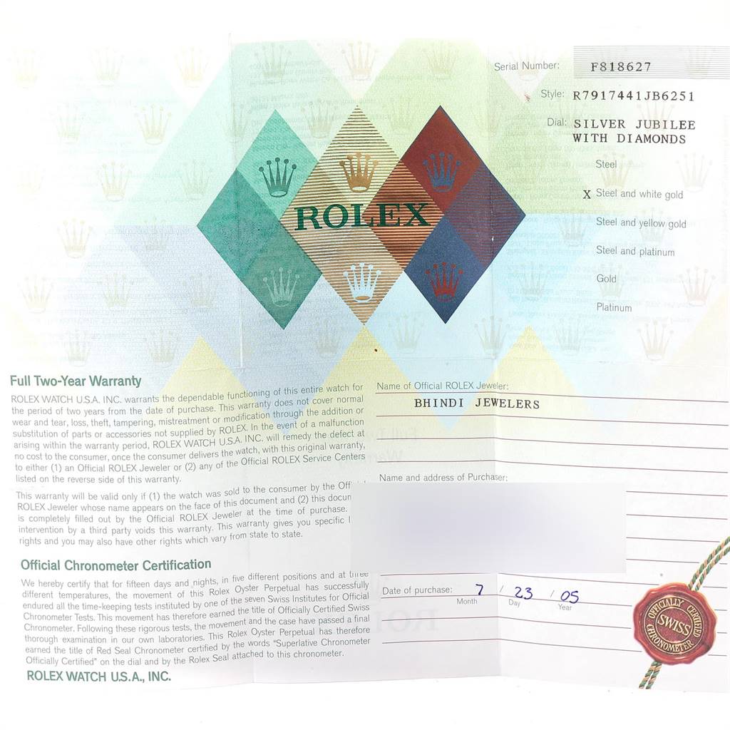 This image shows the warranty and certification card for a Rolex Datejust 79174 Women
s Stainless Steel Silver Dial 79174 Women
s Stainless Steel Silver Dial Silver Jubilee with Diamonds model.