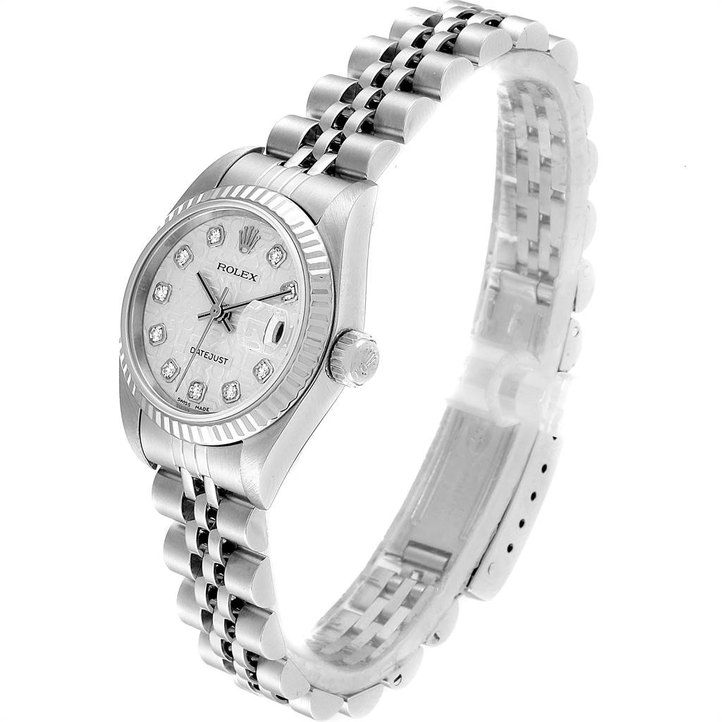 This image shows a side angle of a Rolex Datejust 79174 Women
s Stainless Steel Silver Dial 79174 Women
s Stainless Steel Silver Dial watch highlighting the dial, crown, and bracelet.