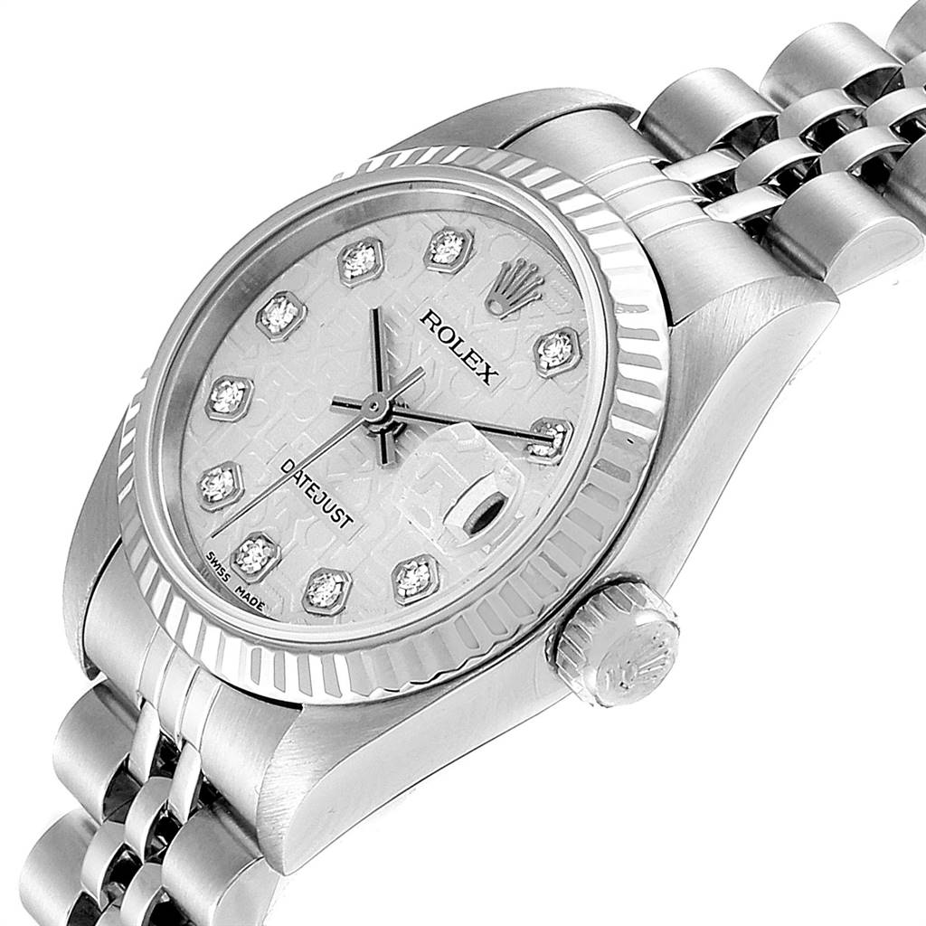 This image shows a close-up angle of a Rolex Datejust 79174 Women
s Stainless Steel Silver Dial 79174 Women
s Stainless Steel Silver Dial watch, displaying the dial, bezel, crown, and part of the bracelet.