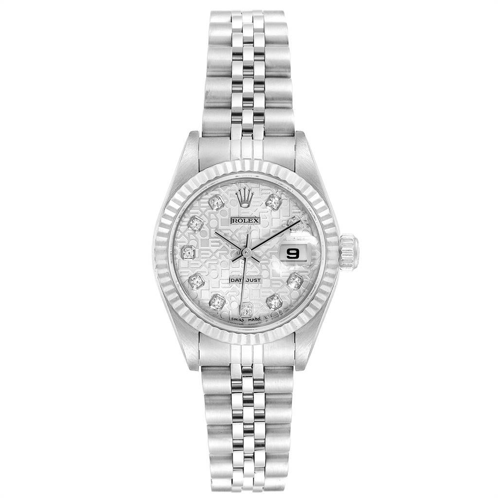 The image shows a Rolex Datejust 79174 Women
s Stainless Steel Silver Dial 79174 Women
s Stainless Steel Silver Dial watch from a front angle, highlighting its dial, bezel, bracelet, and date window.