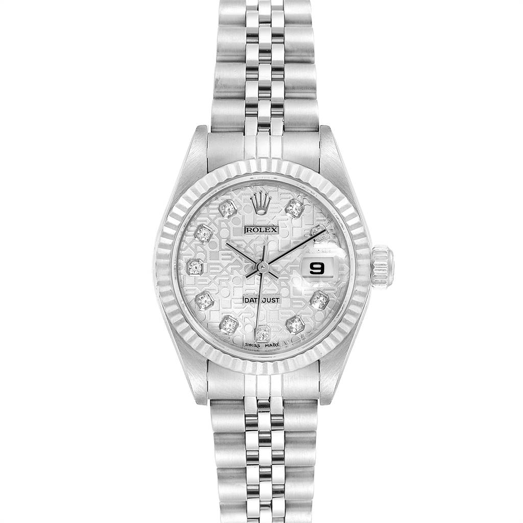 The Rolex Datejust 79174 Women
s Stainless Steel Silver Dial 79174 Women
s Stainless Steel Silver Dial watch is shown from a straight-on angle, displaying the dial, bezel, bracelet, and date window.