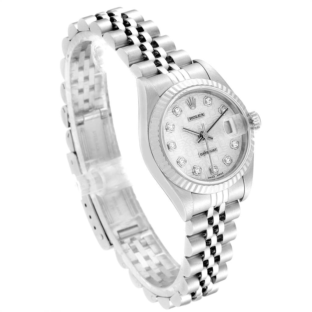 The image shows a Rolex Datejust 79174 Women
s Stainless Steel Silver Dial 79174 Women
s Stainless Steel Silver Dial watch from an angled top-left perspective, highlighting its dial, bezel, and bracelet.