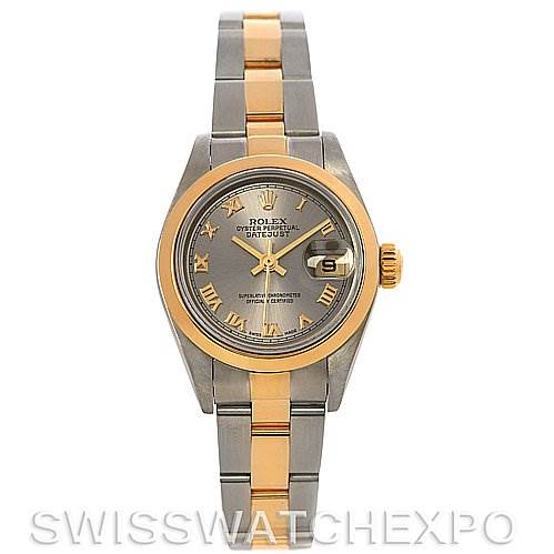 The image shows a Rolex Datejust 79163 Women's Steel and Gold (two tone) Silver Dial 79163 Women's Steel and Gold (two tone) Silver Dial watch from a front angle, highlighting its dial, case, bezel, and bracelet.