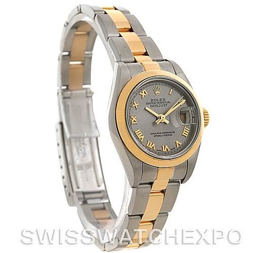 The image shows a Rolex Datejust 79163 Women's Steel and Gold (two tone) Silver Dial 79163 Women's Steel and Gold (two tone) Silver Dial watch at a slight left-side angle, displaying the face, bezel, and the two-tone bracelet.