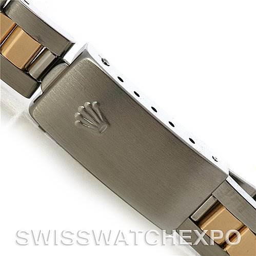 The image shows a close-up of the clasp and bracelet of a Rolex Datejust 79163 Women's Steel and Gold (two tone) Silver Dial 79163 Women's Steel and Gold (two tone) Silver Dial watch with two-tone metal links.