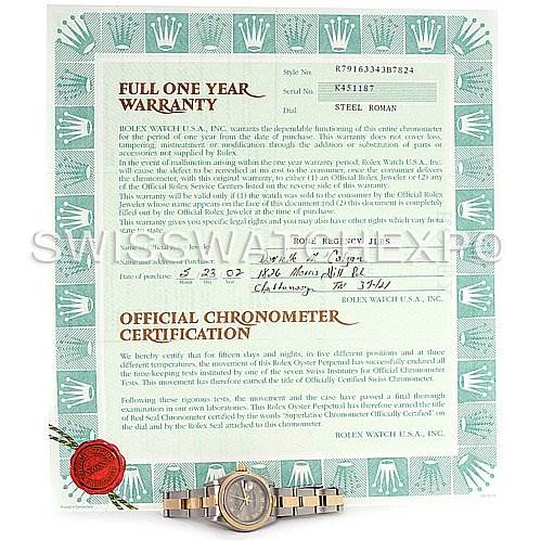 The image shows a Rolex Datejust 79163 Women's Steel and Gold (two tone) Silver Dial 79163 Women's Steel and Gold (two tone) Silver Dial watch positioned at the bottom, along with its warranty and chronometer certification document.