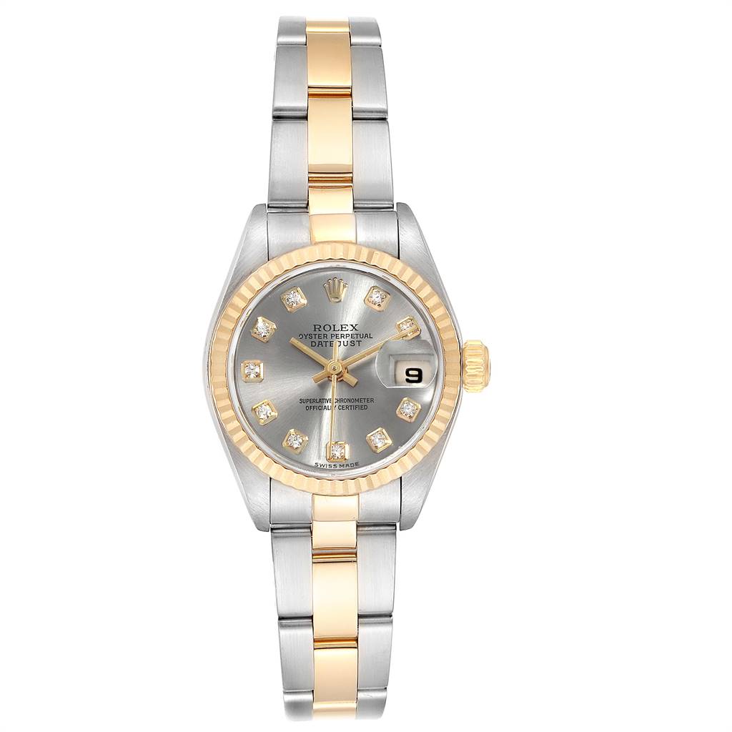 The image shows a Rolex Datejust 79173 Women's Stainless Steel Grey Dial 79173 Women's Stainless Steel Grey Dial watch featuring a two-tone stainless steel and gold bracelet with a fluted bezel and diamond markers.